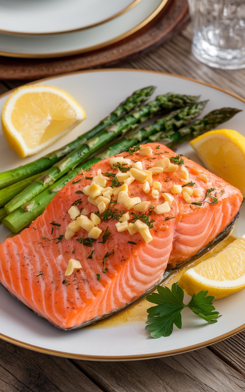 Keto-Friendly Salmon Recipes: Delicious and Healthy Choices Garlic butter baked salmon fillet garnished with lemon and parsley on a rustic plate.